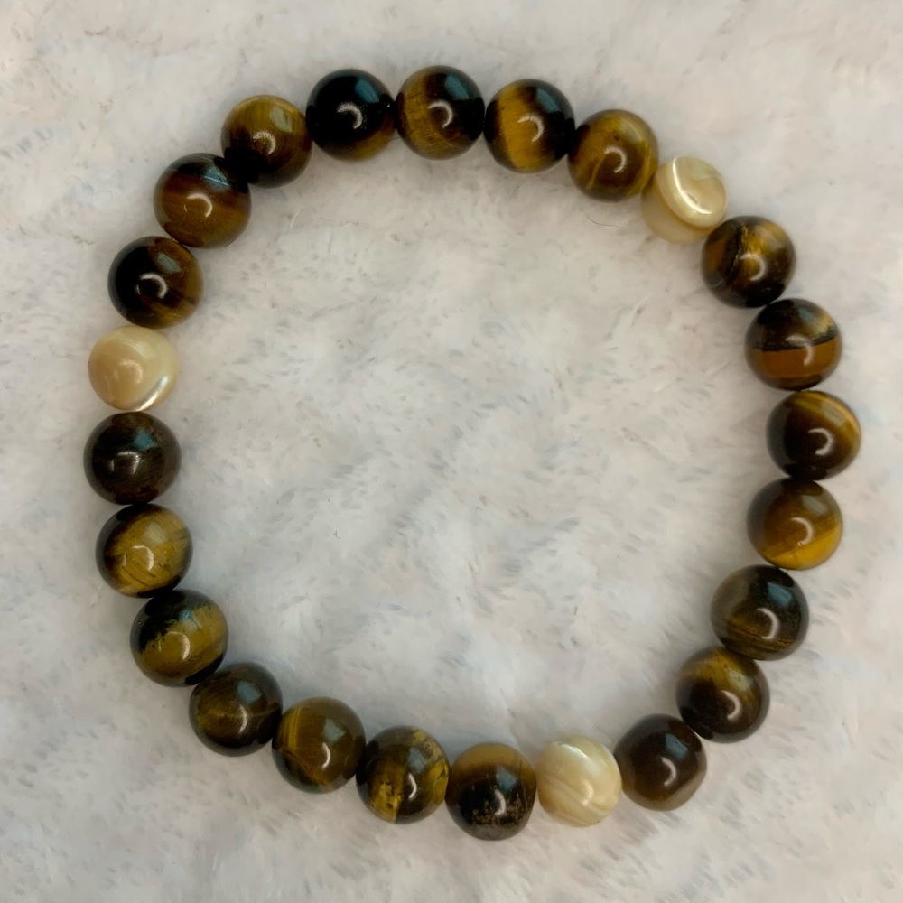 Tiger Eye and Mother of Pearl Beaded Stretch Crystal Bracelet/Anklet 3”